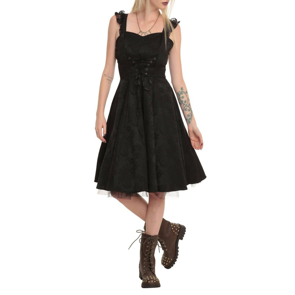 H&R London Dress 18 Black Paisley Lace Up Goth Rockabilly Pinup Whimsigoth